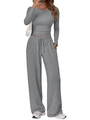 Detail of grey casual lounge set with long sleeve top and drawstring wide leg trousers - Space Gray