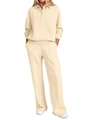 Detail of cream long sleeve button-up sweatshirt and wide-leg trousers lounge set - S / Apricot