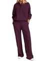 Detail of plum purple long sleeve polo sweatshirt and wide-leg jogger set with seam lines - S / Fuschia