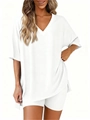 Close-up of women's casual two-piece lounge set with white V-neck tee and matching shorts - S / Top And Bottom / White