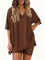 Detail of dark brown V-neck oversized t-shirt and cycling shorts set on female model - S / Top And Bottom / Coffee