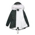 Detailed view of the thick white faux fur lining and plush hood of the dark green parka - S / Dark Green