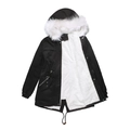Women's warm parka jacket in black with thick white faux fur lining and hood trim - S / Black