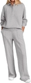 Women's grey two-piece lounge set with button-collar sweatshirt and wide-leg pants - S / Light Gray