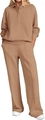 Women's two-piece khaki casual track suit featuring button-down sweatshirt and wide-leg pants - S / Khaki
