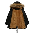 Detail of hooded black parka showing thick brown faux fur lining and plush collar - 3XL / Black
