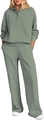 Sage green casual two-piece set featuring long sleeve polo top and wide leg pants - S / Malachite green