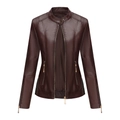 Detail of slim fit dark brown PU leather jacket featuring golden zippers and stand collar - Coffee