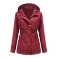 Chaqueta impermeable burdeos de largo medio para mujer con capucha y cordón - S / Granate