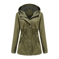 Chubasquero con capucha para mujer verde oliva con cintura ajustable y cierre de cremallera - S / Verde Militar