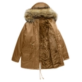 Close-up of winter parka with faux fur hood, thick fleece lining, and waist drawstring - S / Khaki