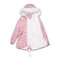 Women's pink hooded parka jacket with warm white faux fur trim and cozy fleece lining - S / Pink