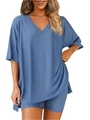 Women's blue V-neck short sleeve top and matching cycling shorts two-piece casual set - S / Top And Bottom / Blue