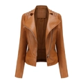 Slim fit women's brown motorcycle faux leather jacket with lapels and rivet details - Camel
