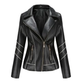 Detalle de chaqueta moto negra entallada en cuero sintético con ribetes blancos y bolsillos - S / Negro