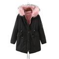 Damenparka in Schwarz mit rosa Futter, Kordelzug an der Taille und Kapuze mit Fell - S / Schwarz Mit Rosa Pelz