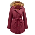 Women's warm wine red winter parka coat with faux fur hood and fleece lining - S / Burgundy