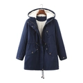 Women's dark blue hooded parka jacket with white faux shearling lining and drawstring waist - Navy Blue