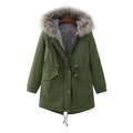 Armeegrüner gefütterter Parka mit Kapuze, grauem Kunstpelzbesatz und Taillenzugband - S / Armeegrün
