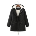 Parka nero da donna con cappuccio e fodera in pile bianco con coulisse in vita - S / Nero