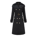 Detail van zwarte double-breasted trenchcoat met tailleriem en gouden metalen knopen - S / Zwart