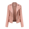 Detail view of pink biker jacket featuring silver rivets and wide notched lapels - XS / Pink