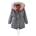 Parka invernale da donna grigio con cappuccio in pelliccia rosa e coulisse in vita regolabile - Grigio