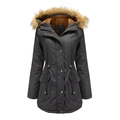 Women's black padded parka with faux fur hood and warm fleece lining for winter weather - Gray