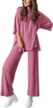 Zweiteiliges Damen-Freizeitset mit rosa Kurzarm-Oberteil und weiter Hose mit hohem Bund - XS / Pfirsich