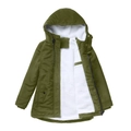 Dettaglio del parka verde militare con fodera in pile bianco e design con cappuccio - S / Verde Militare
