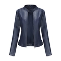 Detail of navy blue leather moto jacket featuring mandarin collar with snap and size S label - Dark Blue