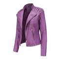 Close-up of purple faux leather jacket featuring lacing details and quilted shoulder texture - Purple