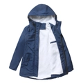 Dettaglio del parka pesante con fodera in lana d'agnello bianca e cappuccio - S / Blu navy