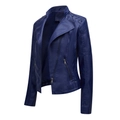 Detail of dark blue PU leather jacket showing quilted shoulders and notch lapel collar - Dark Blue