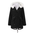 Parka noire pour femme avec capuche en fausse fourrure blanche et taille avec cordon - Noir