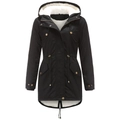Damen Parka in Schwarz mit dickem weißem Fleece-Futter und Kordelzug an der Taille - S / Schwarz
