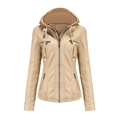 Detail of beige faux leather jacket featuring double zipper and detachable hood - S / Tops / Apricot