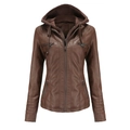 Detail of a brown PU leather jacket featuring multiple zipper pockets and quilted sleeves - S / Tops / Coffee