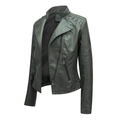 Detail of dark green slim-fit biker jacket showing PU leather texture and metal zippers - Army Green