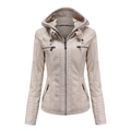Detail of cream PU leather jacket featuring sleek black metal zippers and hood - Off White