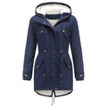 Navy blue winter parka for women with warm white faux sheepskin lining and drawstring waist - Navy Blue