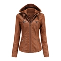 Detail of caramel brown faux leather hooded jacket with zip pockets and pleated cuffs - S / Tops / Camel