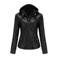 Detail of a black faux leather motorcycle jacket featuring a hood and quilted stitching - S / Tops / Black
