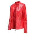 Women's slim fit PU leather jacket in vibrant red with stand collar and zipper details - S / Red