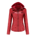 Detail of red hooded faux leather jacket featuring metal zippers and ribbed hem stitching - Wine Red