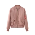 Women's lotus pink bomber jacket featuring a red decorative ribbon and classic MA-1 style - S / Pink