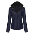 Close-up of dark blue PU leather jacket featuring detachable hood and ribbed stitch details - Dark Blue