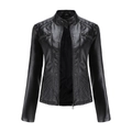 Close-up of slim fit faux leather jacket with stand collar and quilted texture details - S / Tops / Black