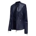 Slim fit women's navy blue PU leather jacket with stand collar and quilted detailing - Navy Blue