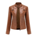 Detail of caramel brown faux leather jacket featuring stand collar and diamond quilted texture - S / Tops / Camel